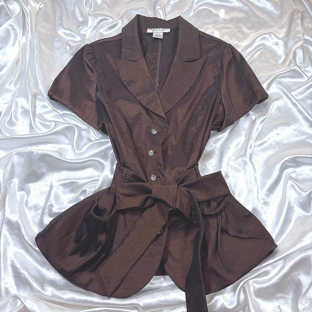 Vintage Jackie Jon Top Brown Excellent Peplum Rhinestone Button Belted Blazer 14
